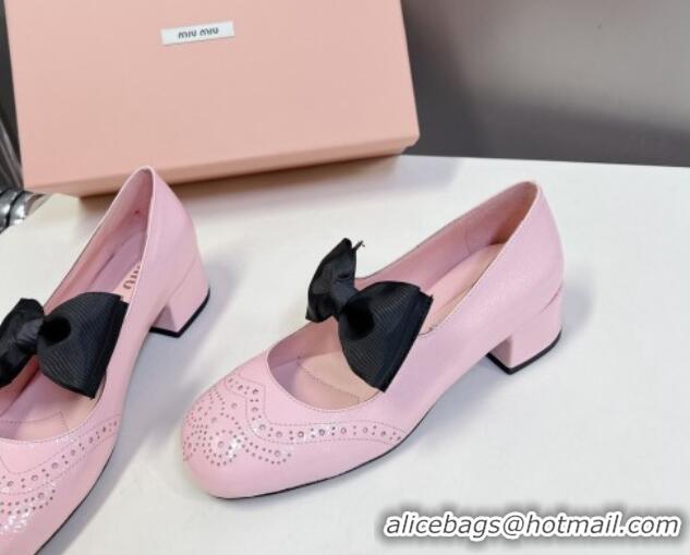 Grade Quality Miu Miu Openwork Patent Leather Mary Janes Pumps 3.5cm with Bow Light Pink 1228036