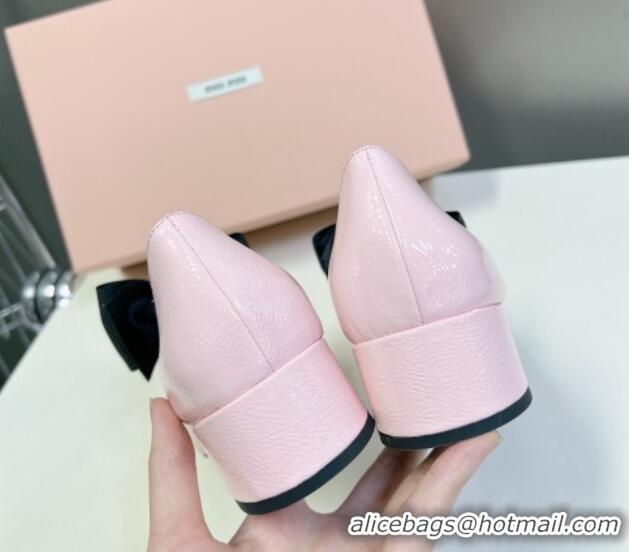 Grade Quality Miu Miu Openwork Patent Leather Mary Janes Pumps 3.5cm with Bow Light Pink 1228036