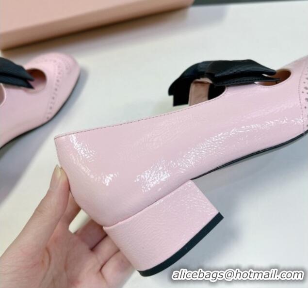 Grade Quality Miu Miu Openwork Patent Leather Mary Janes Pumps 3.5cm with Bow Light Pink 1228036