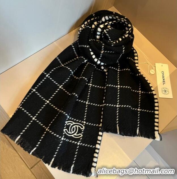 Famous Brand Chanel Check Cashmere Long Scarf 38x185cm CH102106 Black 2024