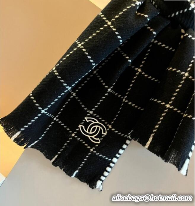 Famous Brand Chanel Check Cashmere Long Scarf 38x185cm CH102106 Black 2024