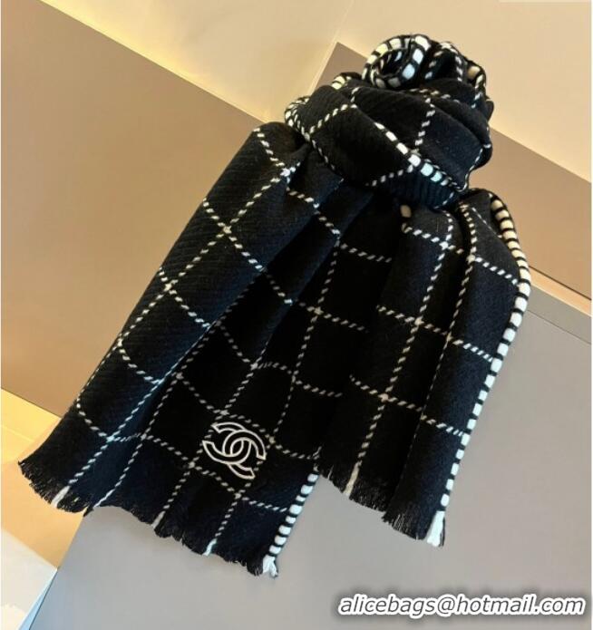 Famous Brand Chanel Check Cashmere Long Scarf 38x185cm CH102106 Black 2024