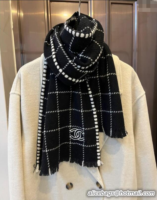 Famous Brand Chanel Check Cashmere Long Scarf 38x185cm CH102106 Black 2024