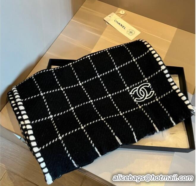 Famous Brand Chanel Check Cashmere Long Scarf 38x185cm CH102106 Black 2024