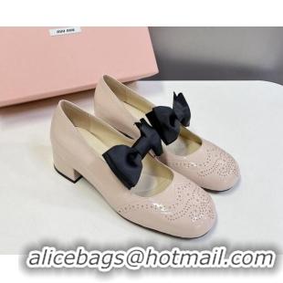 Grade Miu Miu Openwork Patent Leather Mary Janes Pumps 3.5cm with Bow Nude 1228037