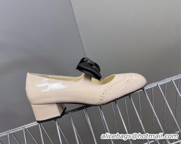 Grade Miu Miu Openwork Patent Leather Mary Janes Pumps 3.5cm with Bow Nude 1228037