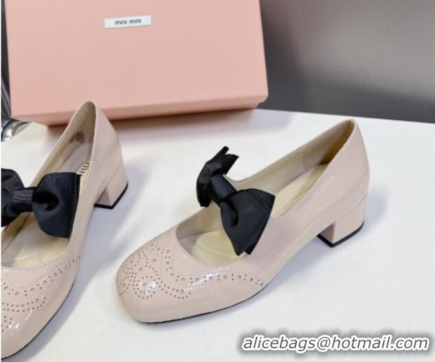 Grade Miu Miu Openwork Patent Leather Mary Janes Pumps 3.5cm with Bow Nude 1228037