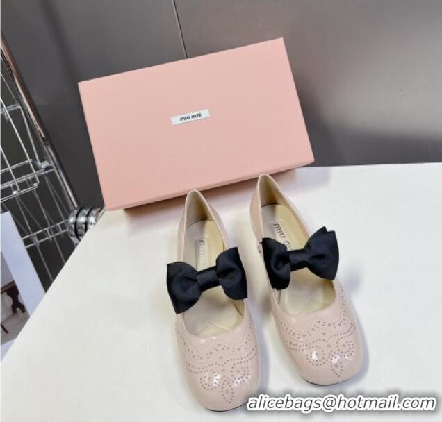 Grade Miu Miu Openwork Patent Leather Mary Janes Pumps 3.5cm with Bow Nude 1228037