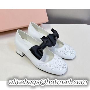 Best Grade Miu Miu Openwork Patent Leather Mary Janes Pumps 3.5cm with Bow White 1228038