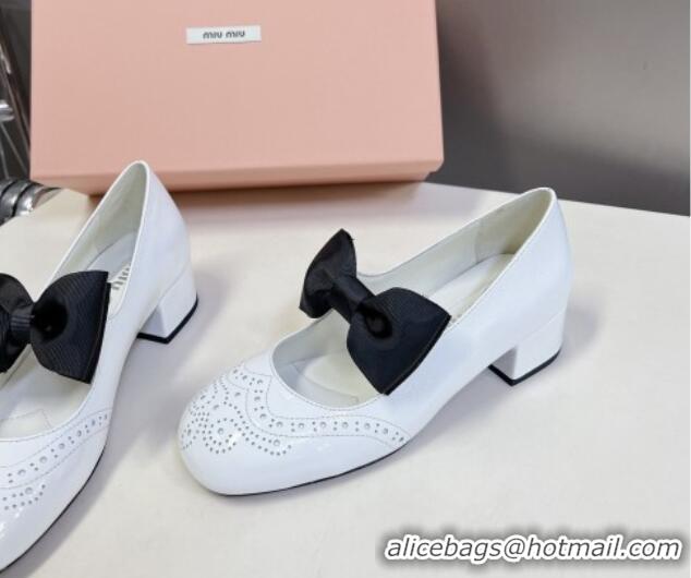 Best Grade Miu Miu Openwork Patent Leather Mary Janes Pumps 3.5cm with Bow White 1228038