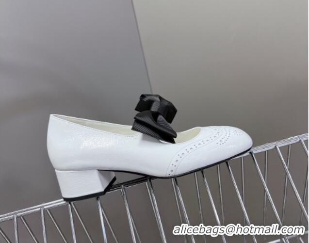 Best Grade Miu Miu Openwork Patent Leather Mary Janes Pumps 3.5cm with Bow White 1228038