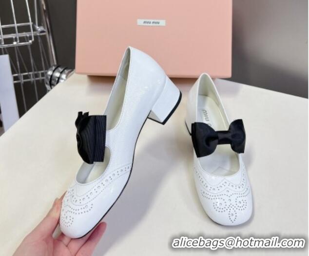 Best Grade Miu Miu Openwork Patent Leather Mary Janes Pumps 3.5cm with Bow White 1228038