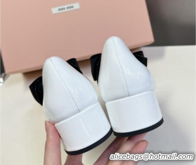 Best Grade Miu Miu Openwork Patent Leather Mary Janes Pumps 3.5cm with Bow White 1228038