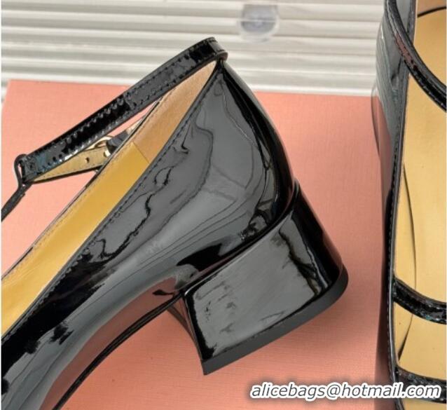 Low Cost Miu Miu Patent Leather Mary Janes Pumps with Strap Black 1228039