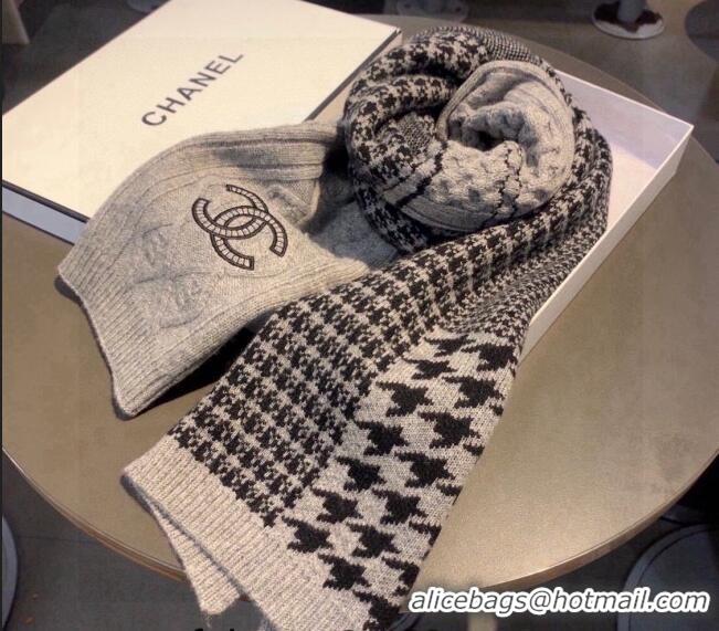 Luxurious Chanel Houndtooth Cashmere Knit Long Scarf 35x195cm CH102109 Grey 2024