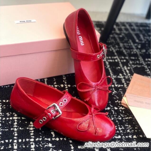 Low Price Miu Miu Patent Leather Ballerinas Flat with Bow and Buckle Red 1228044