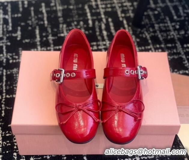 Low Price Miu Miu Patent Leather Ballerinas Flat with Bow and Buckle Red 1228044