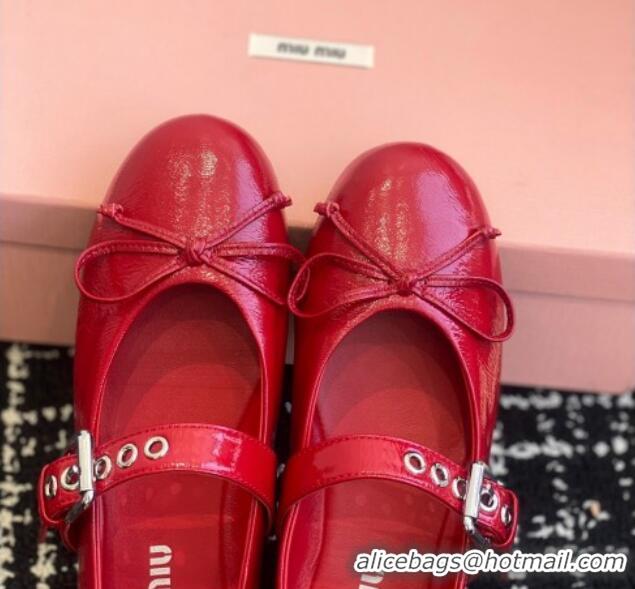 Low Price Miu Miu Patent Leather Ballerinas Flat with Bow and Buckle Red 1228044