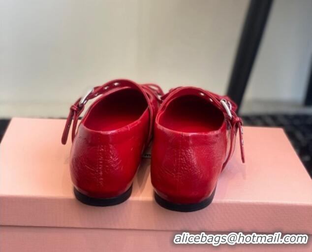 Low Price Miu Miu Patent Leather Ballerinas Flat with Bow and Buckle Red 1228044