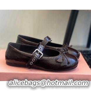 Original Cheap Miu Miu Patent Leather Ballerinas Flat with Bow and Buckle Dark Brown 1228046