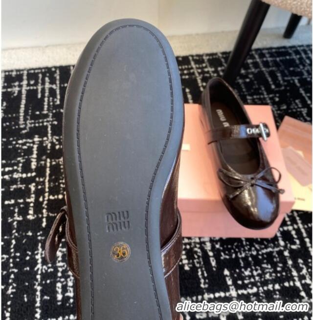 Original Cheap Miu Miu Patent Leather Ballerinas Flat with Bow and Buckle Dark Brown 1228046