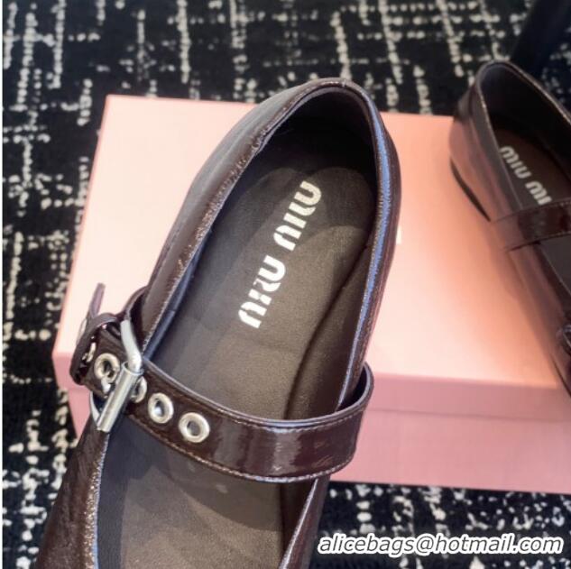 Original Cheap Miu Miu Patent Leather Ballerinas Flat with Bow and Buckle Dark Brown 1228046