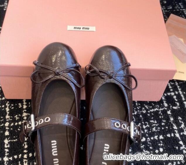 Original Cheap Miu Miu Patent Leather Ballerinas Flat with Bow and Buckle Dark Brown 1228046