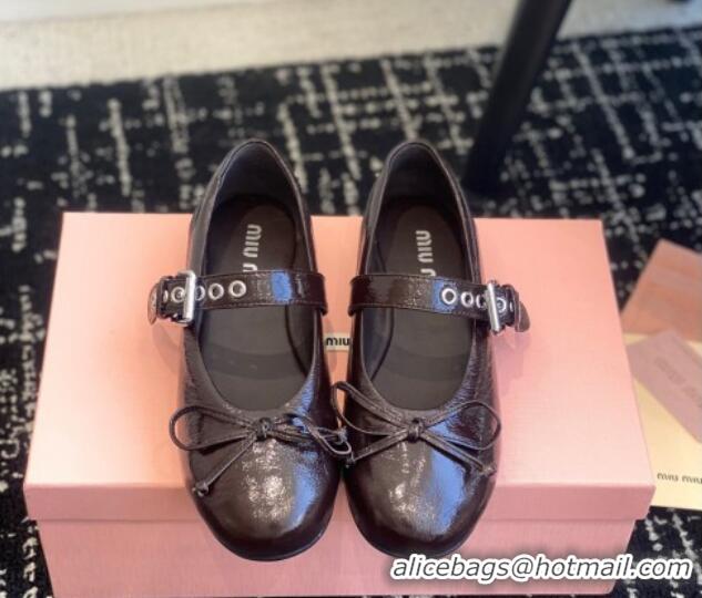 Original Cheap Miu Miu Patent Leather Ballerinas Flat with Bow and Buckle Dark Brown 1228046