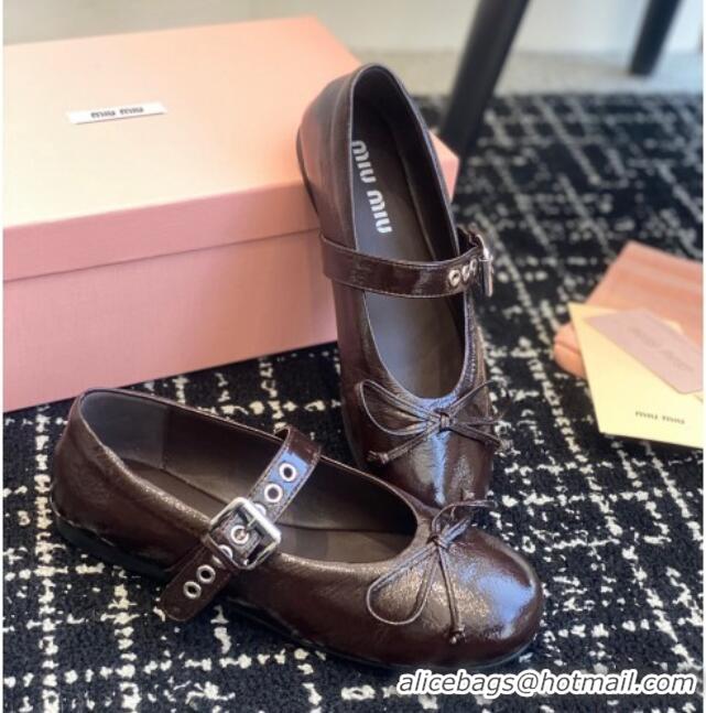 Original Cheap Miu Miu Patent Leather Ballerinas Flat with Bow and Buckle Dark Brown 1228046