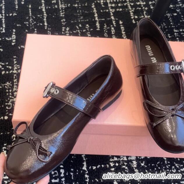 Original Cheap Miu Miu Patent Leather Ballerinas Flat with Bow and Buckle Dark Brown 1228046