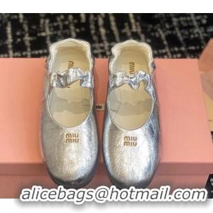 Stylish Miu Miu Nappa Leather Elasticized Ballerinas Flat Silver 1228047