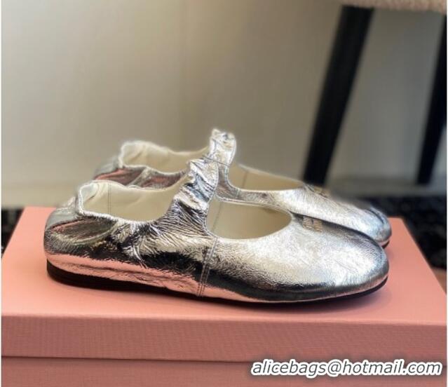 Stylish Miu Miu Nappa Leather Elasticized Ballerinas Flat Silver 1228047