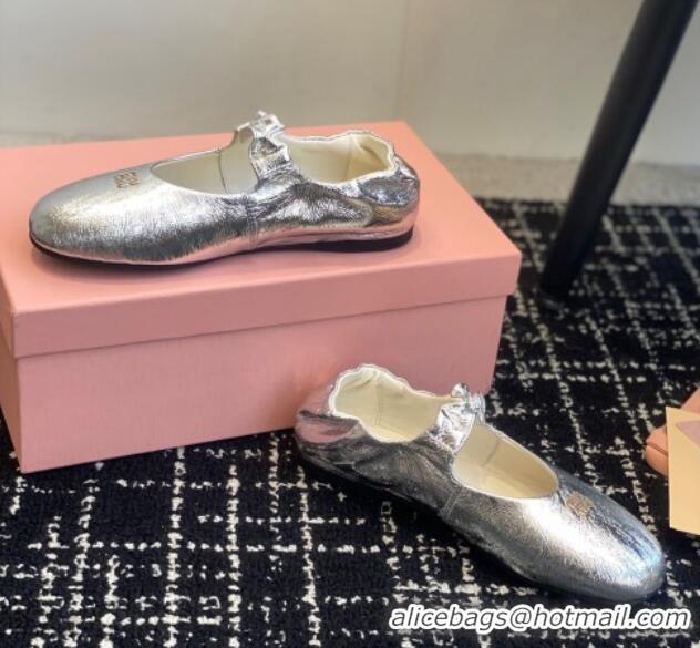 Stylish Miu Miu Nappa Leather Elasticized Ballerinas Flat Silver 1228047