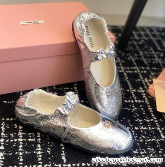 Stylish Miu Miu Nappa Leather Elasticized Ballerinas Flat Silver 1228047