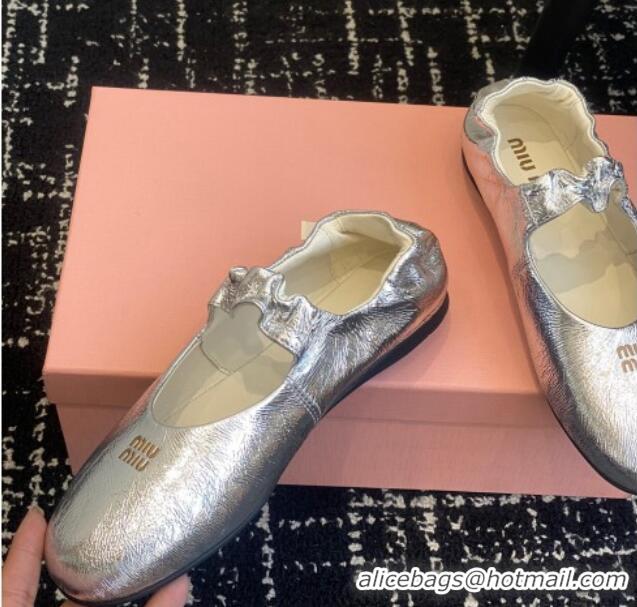 Stylish Miu Miu Nappa Leather Elasticized Ballerinas Flat Silver 1228047