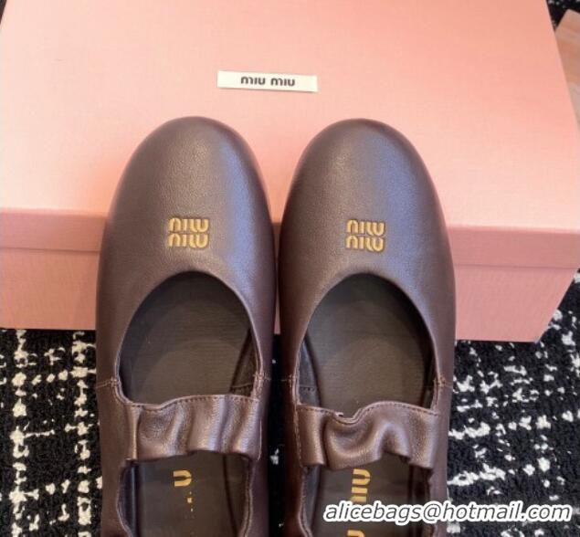 Shop Duplicate Miu Miu Nappa Leather Elasticized Ballerinas Flat Brown 1228050