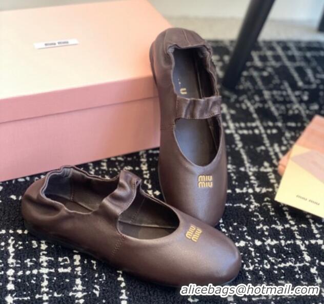 Shop Duplicate Miu Miu Nappa Leather Elasticized Ballerinas Flat Brown 1228050