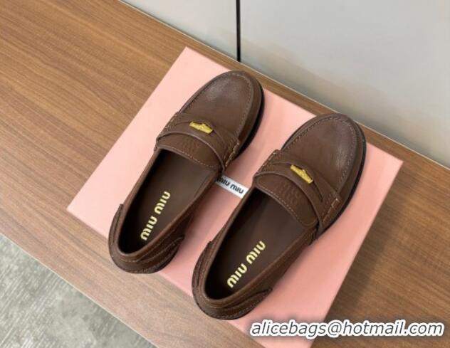 Charming Miu Miu Leather Penny Loafers Brown 1228052