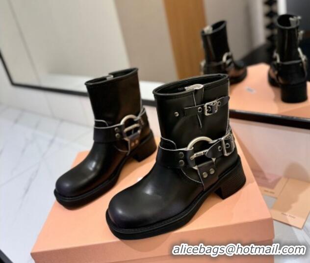 Hot Style Miu Miu Bleached Leather Ankle Boots with Buckle Strap Black 1228057