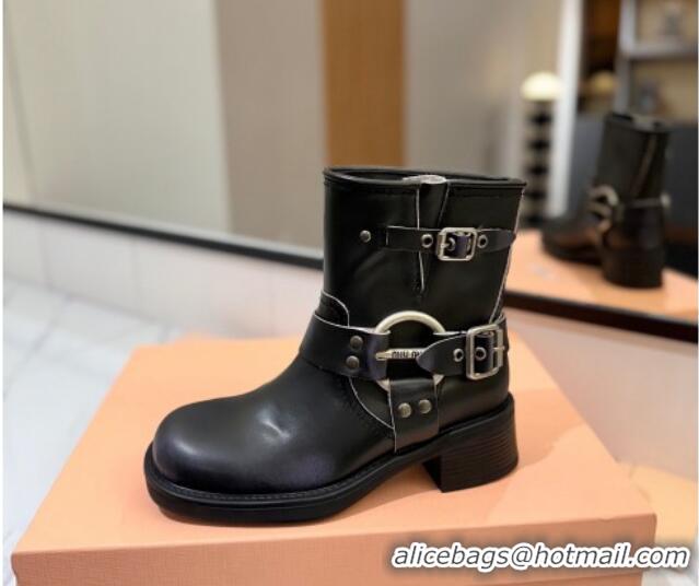 Hot Style Miu Miu Bleached Leather Ankle Boots with Buckle Strap Black 1228057