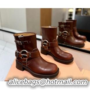 Buy Discount Miu Miu Bleached Leather Ankle Boots with Buckle Strap Sienna Brown 1228058