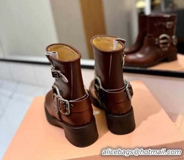 Buy Discount Miu Miu Bleached Leather Ankle Boots with Buckle Strap Sienna Brown 1228058