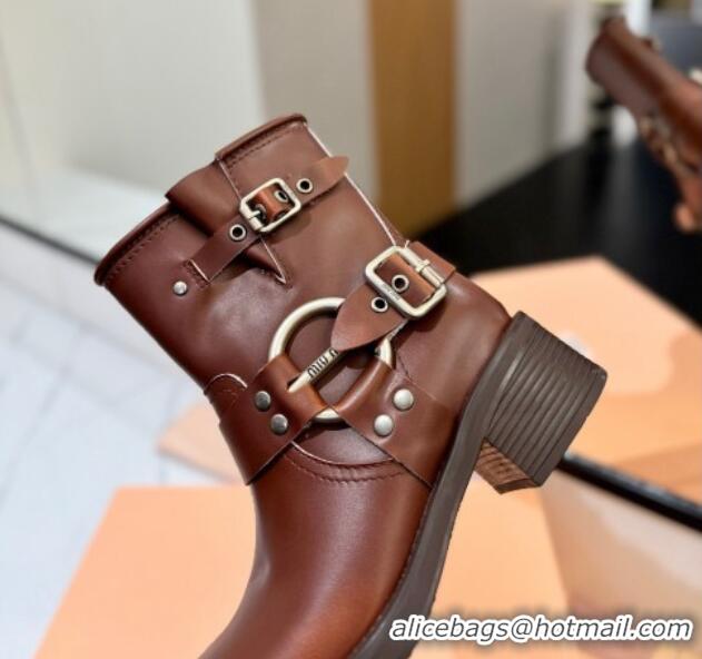 Buy Discount Miu Miu Bleached Leather Ankle Boots with Buckle Strap Sienna Brown 1228058