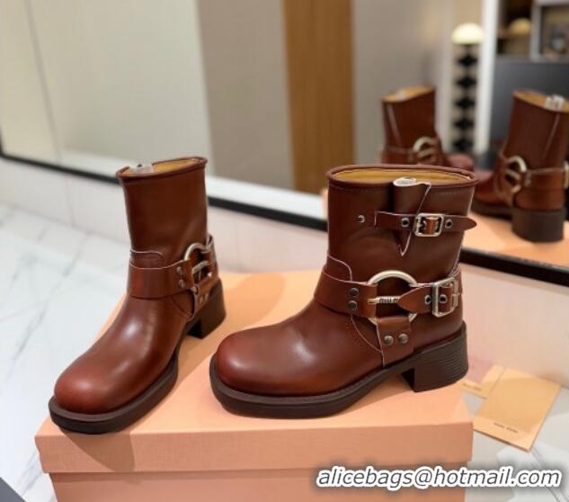 Buy Discount Miu Miu Bleached Leather Ankle Boots with Buckle Strap Sienna Brown 1228058