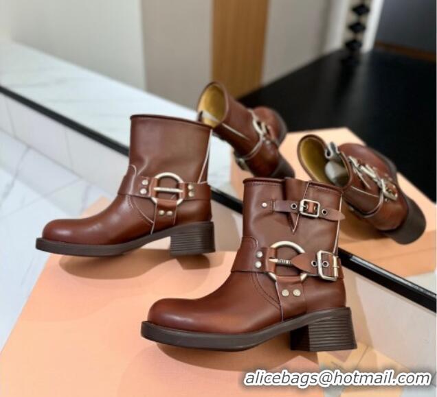 Buy Discount Miu Miu Bleached Leather Ankle Boots with Buckle Strap Sienna Brown 1228058