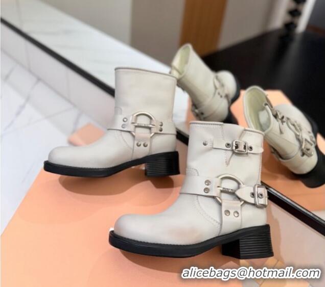 Top Grade Miu Miu Bleached Leather Ankle Boots with Buckle Strap White 1228059