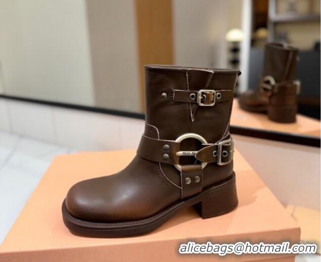 Best Product Miu Miu Bleached Leather Ankle Boots with Buckle Strap Dark Brown 1228060