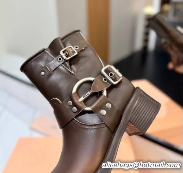 Best Product Miu Miu Bleached Leather Ankle Boots with Buckle Strap Dark Brown 1228060