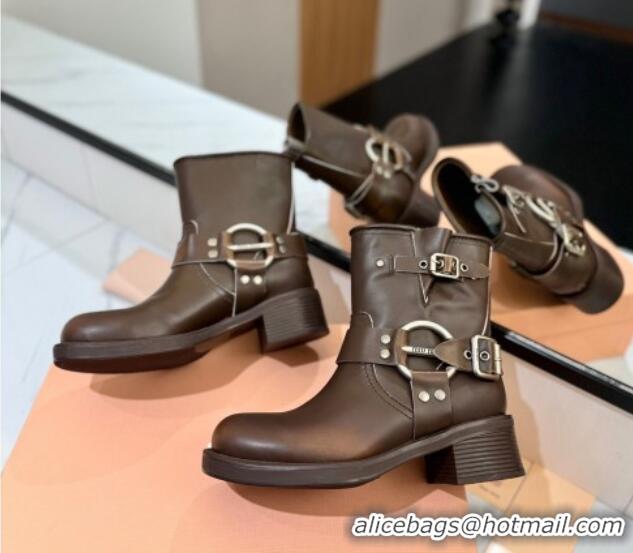 Best Product Miu Miu Bleached Leather Ankle Boots with Buckle Strap Dark Brown 1228060