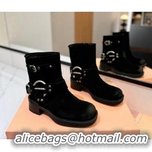 Good Quality Miu Miu Suede Ankle Boots with Buckle Strap Black 1228061